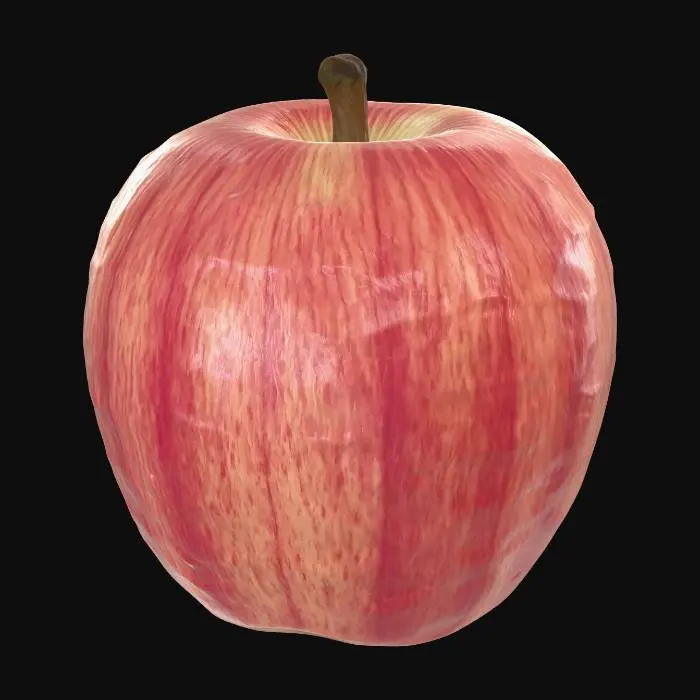 3D model for Ultra-realistic 3D apple, photorealistic with natural imperfections. Red apple with subtle yellow/green variation, detailed skin pores, speckles, and slight surface irregularities. Waxy material with soft reflections and micro-surface detail. Realistic woody stem, slightly asymmetrical. Use PBR workflow with 4K textures: albedo, normal, roughness, AO, and subsurface scattering. Slight translucency at edges. Studio lighting with soft key and rim light, neutral background. Clean topology, evenly distributed polygons, optimized low-to-mid poly mesh suitable for games, preserving silhouette and detail through textures.