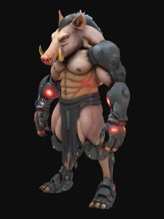 3D model for muscular humanoid boar creature with large cybernetic arms