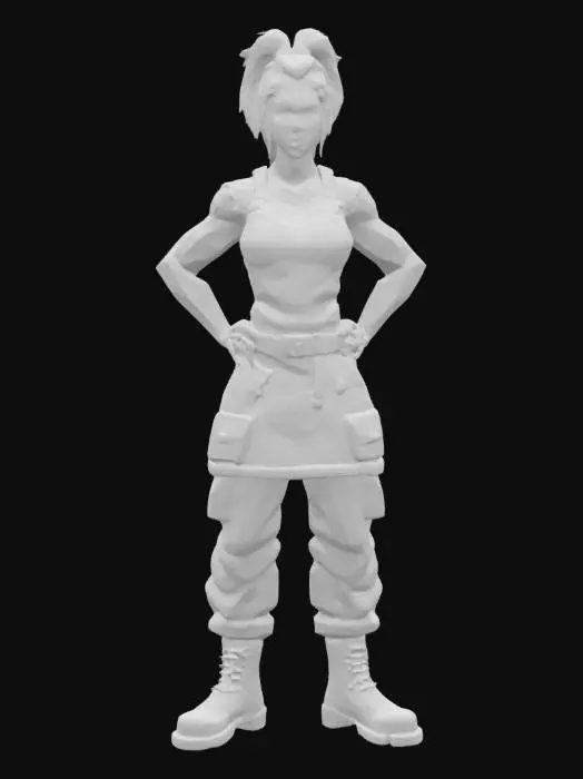 3D model for muscular female smith with hammer, cell shaded with thick black lines like a comic book, muted colors