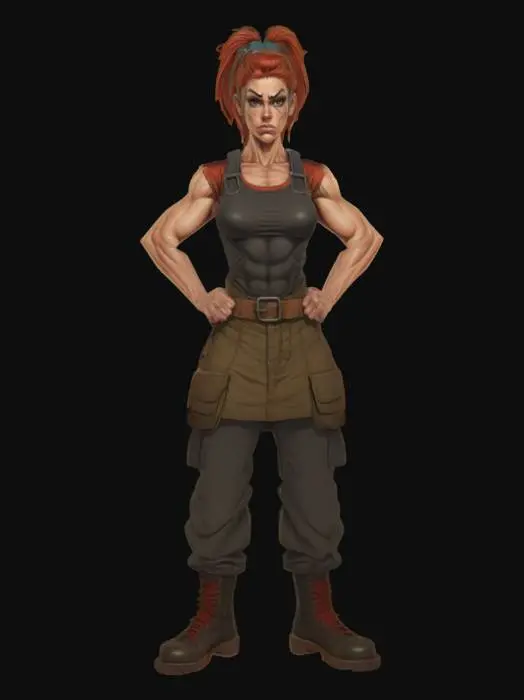 3D model for muscular female smith with hammer, cell shaded with thick black lines like a comic book, muted colors
