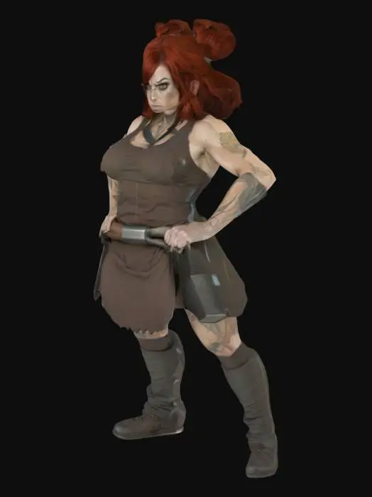 3D model for muscular female smith with hammer, cell shaded with thick black lines like a comic book, muted colors
