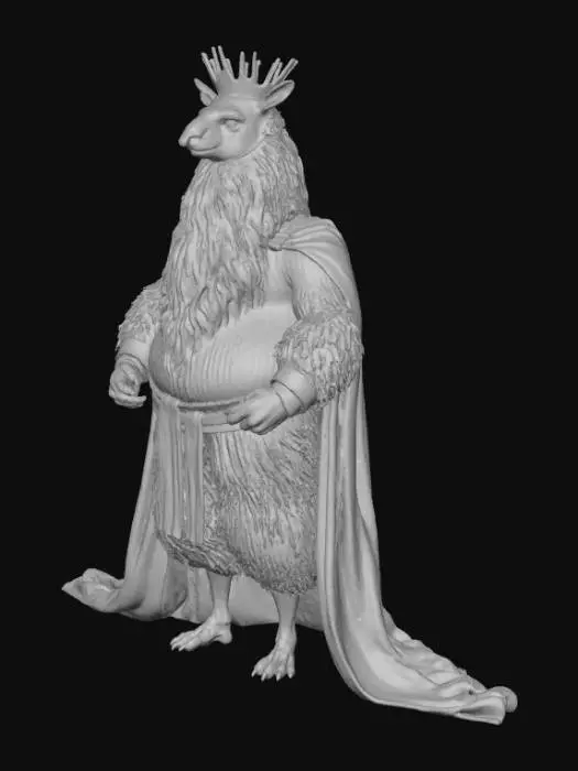 3D model for bulky humanoid llama king, regal look, closed mesh, no floating parts, flat base, avoid overhang, avoid thin details, no fragile details, suited for fdm printing