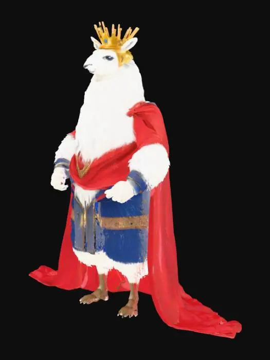 3D model for bulky humanoid llama king, regal look, closed mesh, no floating parts, flat base, avoid overhang, avoid thin details, no fragile details, suited for fdm printing