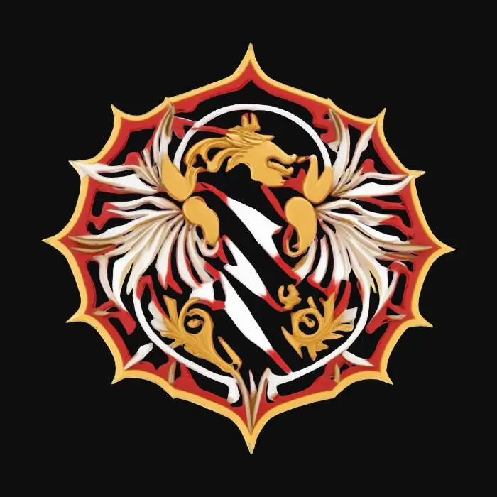 3D model for intricate design emblem that incorporates elements of lightning and animalistic elements into a modern sleek design, red with white and gold details