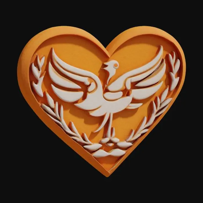 3D model for create an emblem that represents love, peace and unity, cell-shaded in orange and white metallic colors