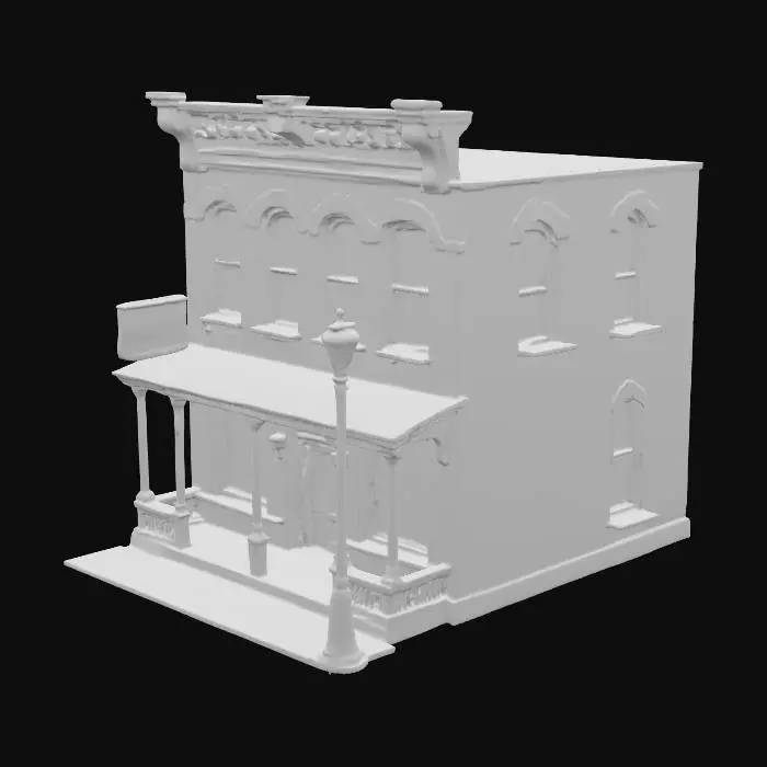 3D model for a 2 story, brick storefront building. the width is the same as the depth. The 2nd story is 3/4 the scale of the first story. it is made in the style of a building from 1890's americana