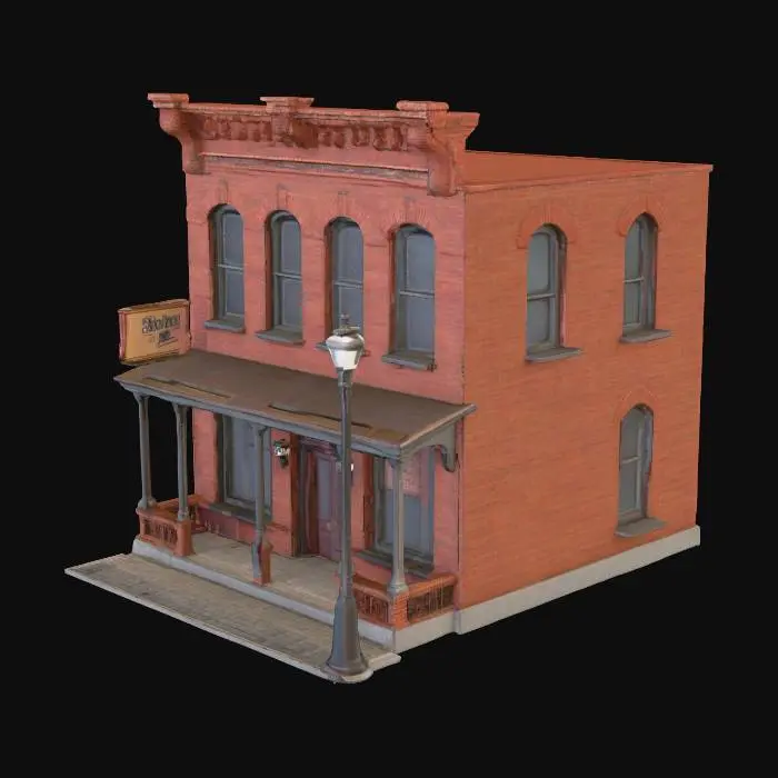 3D model for a 2 story, brick storefront building. the width is the same as the depth. The 2nd story is 3/4 the scale of the first story. it is made in the style of a building from 1890's americana