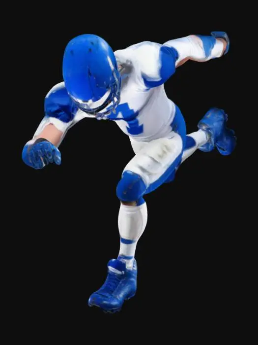 3D model for a American Football player wearing blue football helmet, shoulder pads, white jersey, blue pants with football pads, blue football cleats