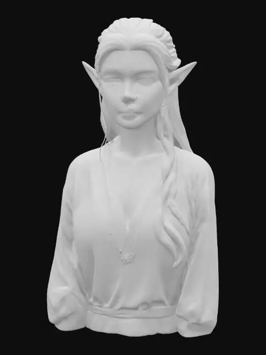 3D model for [Middle-Earth] Lord of the rings realistic female nature elf, young adult, delicate, pointed ears and pure elven white skin, Hair is tied together in a royal elven hairstyle. Only 3D from the waist up, ultra high quality, perfect facial structure, long sleeve loose shirt, #AroundTheWorld#