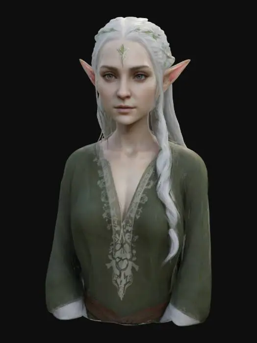 3D model for [Middle-Earth] Lord of the rings realistic female nature elf, young adult, delicate, pointed ears and pure elven white skin, Hair is tied together in a royal elven hairstyle. Only 3D from the waist up, ultra high quality, perfect facial structure, long sleeve loose shirt, #AroundTheWorld#
