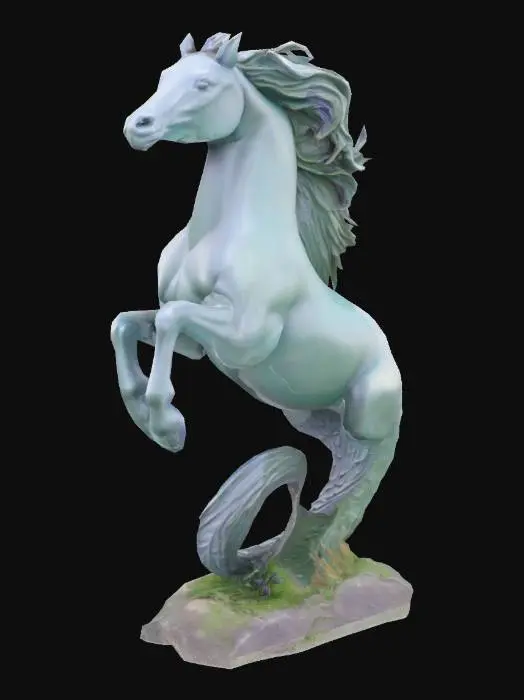 3D model for Mer-horse (it has gills and a flowing mane, and a fish tail) Kelpie sculpture rearing on a base of grass representing a shore and on the side along the grass base is thistles, in the very back a simple water wave swoop based off Scottish lore, #AroundTheWorld