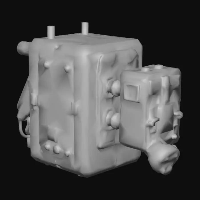 3D model for A low-poly machine combiner, constructed from robust, matte dark gray plates with subtle, geometric panel lines. It prominently displays a square input and output aperture. From its main chassis, a short, chunky robotic arm terminates in a simple claw, while another side boasts a cluster of simplified, copper-toned pipes and oversized, angular red valves, blending modern and retro-futuristic mechanical aesthetics.