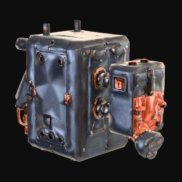 3D model for A low-poly machine combiner, constructed from robust, matte dark gray plates with subtle, geometric panel lines. It prominently displays a square input and output aperture. From its main chassis, a short, chunky robotic arm terminates in a simple claw, while another side boasts a cluster of simplified, copper-toned pipes and oversized, angular red valves, blending modern and retro-futuristic mechanical aesthetics.