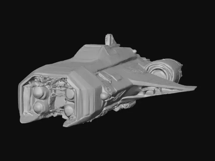 3D model for HD quality top-down spaceship design for a 2D/3D sci-fi game, viewed from a slight isometric or angled top-down perspective (not perfectly top-down), detailed textures and clean silhouette, suitable for movement in all directions, sleek and futuristic design, visible surface detail and lighting for depth, neutral background, game asset style.