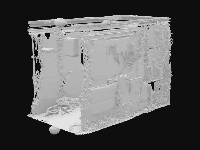 3D model for A decaying high‑rise lobby opening into a foggy, debris‑strewn corridor, with peeling walls, flickering neon kanji, and vines reclaiming the ruins.