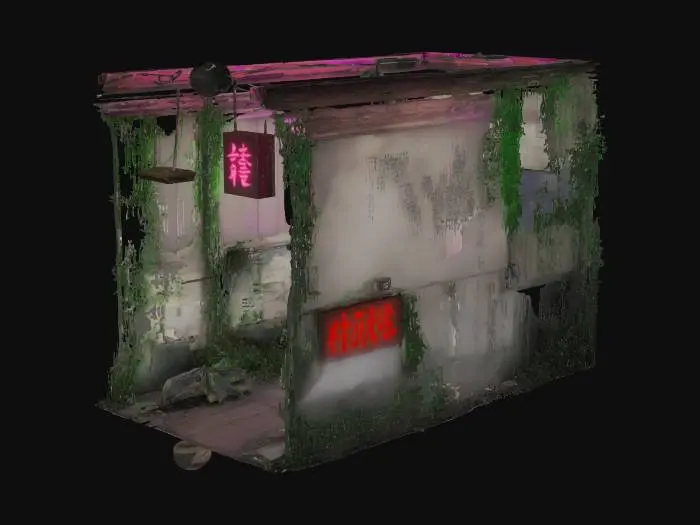 3D model for A decaying high‑rise lobby opening into a foggy, debris‑strewn corridor, with peeling walls, flickering neon kanji, and vines reclaiming the ruins.