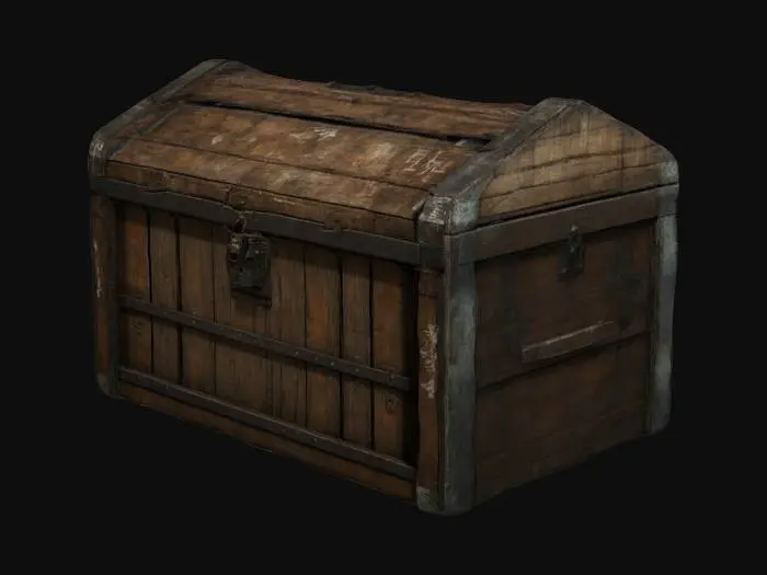 3D model for A wooden chest without a lock A dark, atmospheric visual style for a game set in a dystopian, post-apocalyptic version of urban Japan. The world is quiet and haunting, inspired by Japanese ghost stories and folklore. Streets are narrow and shadowed, with crumbling buildings made of aged wood and concrete. Architecture shows signs of decay—shattered windows, peeling paint, moss-covered walls, and tangled vines reclaiming the structures. Environments are cluttered with forgotten objects: broken crates, old signage, cracked pavement, and scattered debris.