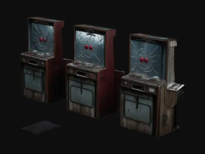 3D model for Abandoned pachinko machines with cracked glass  A dark, atmospheric visual style for a game set in a dystopian, post-apocalyptic version of urban Japan. The world is quiet and haunting, inspired by Japanese ghost stories and folklore. Streets are narrow and shadowed, with crumbling buildings made of aged wood and concrete. Architecture shows signs of decay—shattered windows, peeling paint, moss-covered walls, and tangled vines reclaiming the structures. Environments are cluttered with forgotten objects: broken crates, old signage, cracked pavement, and scattered debris.