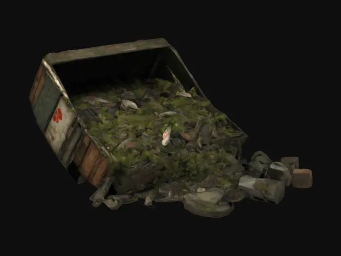 3D model for Overturned bento boxes A dark, atmospheric visual style for a game set in a dystopian, post-apocalyptic version of urban Japan. The world is quiet and haunting, inspired by Japanese ghost stories and folklore. Streets are narrow and shadowed, with crumbling buildings made of aged wood and concrete. Architecture shows signs of decay—shattered windows, peeling paint, moss-covered walls, and tangled vines reclaiming the structures. Environments are cluttered with forgotten objects: broken crates, old signage, cracked pavement, and scattered debris.