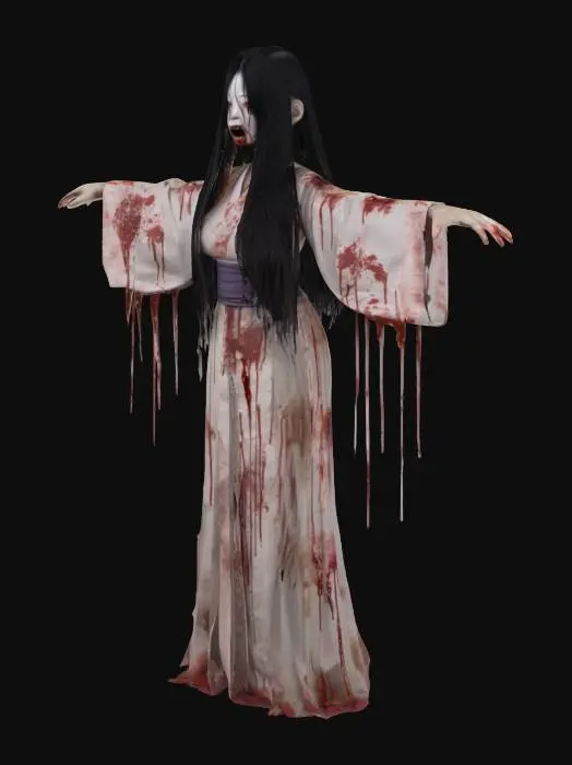3D model for Japanese KuchiSake Onna, horror, dark, bloody, killer, scary, woman, spirit, uncanny valley, T-Pose
