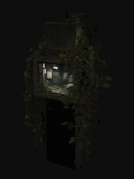 3D model for Vines wrapping around signage
 A dark, atmospheric visual style for a game set in a dystopian, post-apocalyptic version of urban Japan. The world is quiet and haunting, inspired by Japanese ghost stories and folklore. Streets are narrow and shadowed, with crumbling buildings made of aged wood and concrete. Architecture shows signs of decay—shattered windows, peeling paint, moss-covered walls, and tangled vines reclaiming the structures. Environments are cluttered with forgotten objects: broken crates, old signage, cracked pavement, and scattered debris.