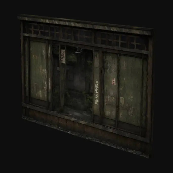 3D model for Shōji screens
 A dark, atmospheric visual style for a game set in a dystopian, post-apocalyptic version of urban Japan. The world is quiet and haunting, inspired by Japanese ghost stories and folklore. Streets are narrow and shadowed, with crumbling buildings made of aged wood and concrete. Architecture shows signs of decay—shattered windows, peeling paint, moss-covered walls, and tangled vines reclaiming the structures. Environments are cluttered with forgotten objects: broken crates, old signage, cracked pavement, and scattered debris.