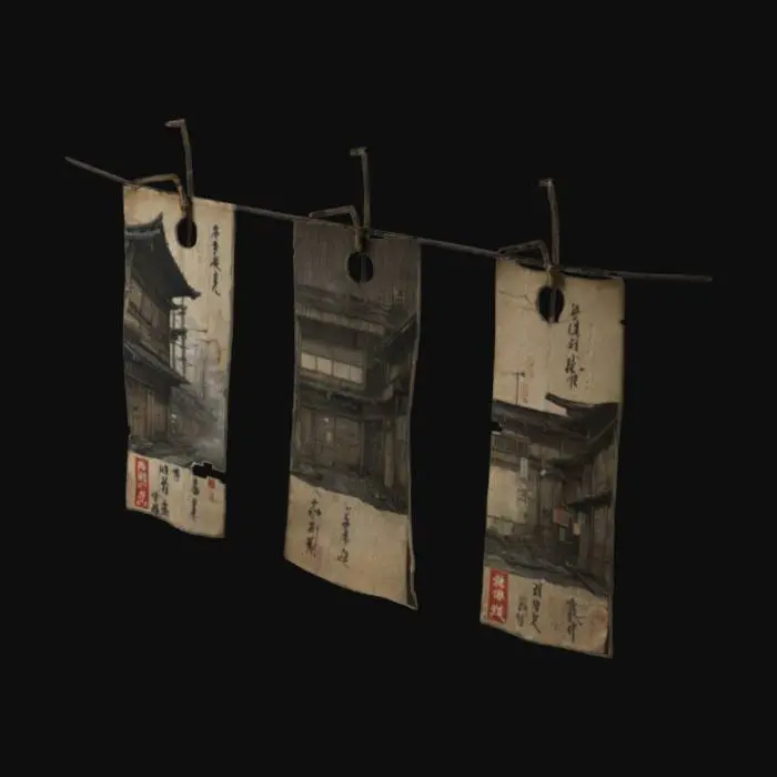 3D model for Paper talismans (ofuda)
 A dark, atmospheric visual style for a game set in a dystopian, post-apocalyptic version of urban Japan. The world is quiet and haunting, inspired by Japanese ghost stories and folklore. Streets are narrow and shadowed, with crumbling buildings made of aged wood and concrete. Architecture shows signs of decay—shattered windows, peeling paint, moss-covered walls, and tangled vines reclaiming the structures. Environments are cluttered with forgotten objects: broken crates, old signage, cracked pavement, and scattered debris.