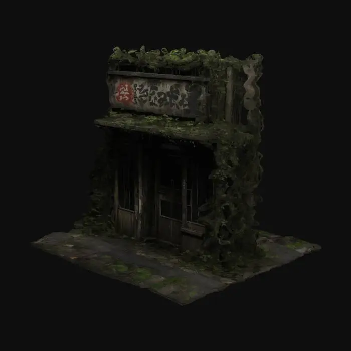 3D model for Vines wrapping around signage
 A dark, atmospheric visual style for a game set in a dystopian, post-apocalyptic version of urban Japan. The world is quiet and haunting, inspired by Japanese ghost stories and folklore. Streets are narrow and shadowed, with crumbling buildings made of aged wood and concrete. Architecture shows signs of decay—shattered windows, peeling paint, moss-covered walls, and tangled vines reclaiming the structures. Environments are cluttered with forgotten objects: broken crates, old signage, cracked pavement, and scattered debris.