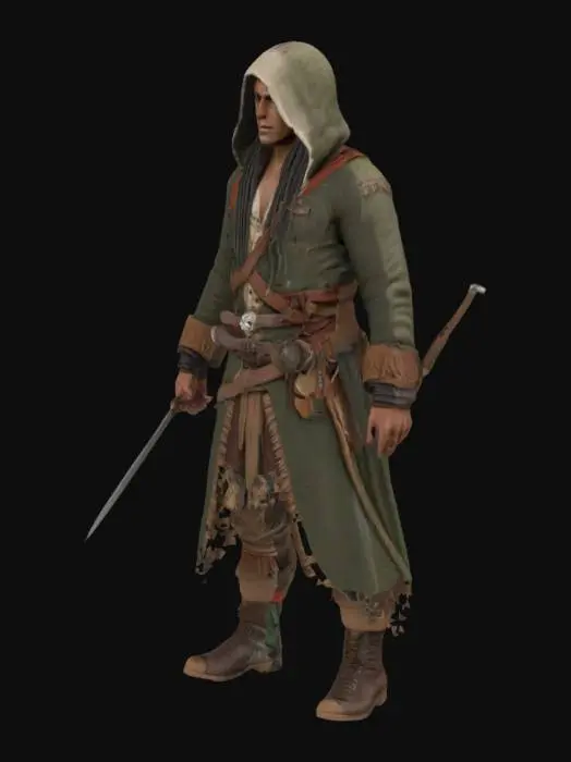 3D model for A hyper-realistic 3D model of a male indigenous Australian assassin from the late 18th century (around 1788), wearing a mix of traditional tribal elements and British colonial trader clothing. Hooded classic Assassin's Creed outfit with hidden blade engraved with the Assassin's symbol. Earth-toned colors: dark green, brown, and sand. Slim, athletic body, slightly taller than average. Medium-length dark hair with some practical braids, calm and determined expression, one long scar across one eye. Clothing looks rugged, practical, and designed for stealth. Style is grounded, realistic, detailed, with historical accuracy to the late 1700s Australia.