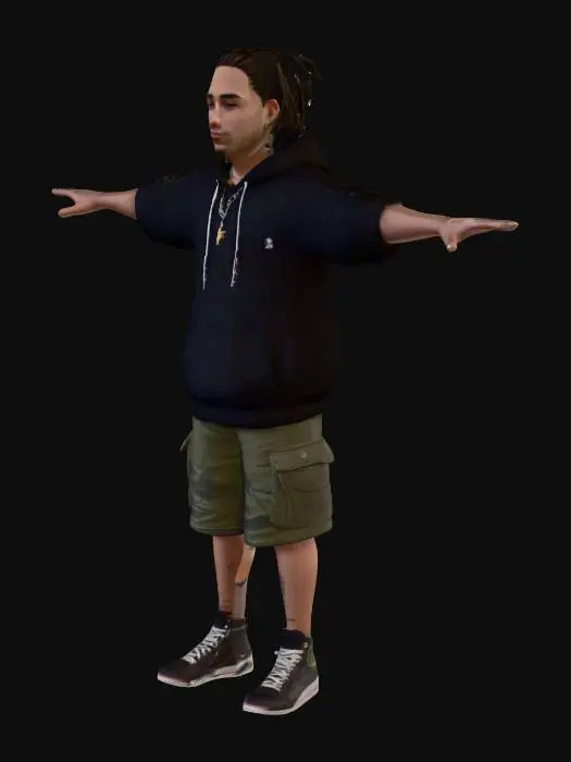 3D model for A game-ready 3D avatar of a 20-year-old male skateboard shop worker, streetwear style, wearing a loose black hoodie, cargo shorts, and high-top sneakers. Dreadlocks tied back, wearing a chain necklace. Low-poly model with PBR textures for worn fabric and youthful skin, T-pose.