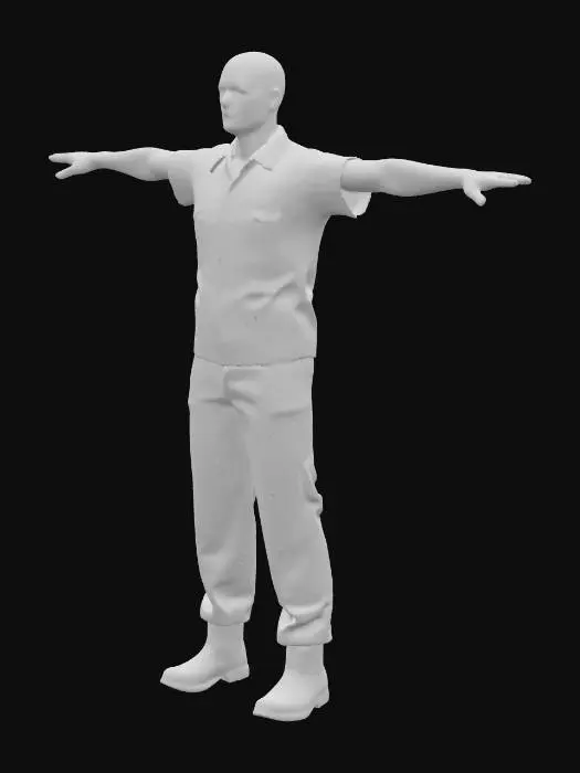 3D model for prisoner in orange uniform, realistic style, T pose, bald hairstyle with tattoos, skinny