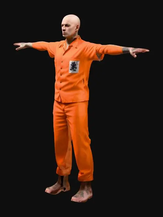 3D model for prisoner in orange uniform, realistic style, T pose, bald hairstyle with tattoos, skinny