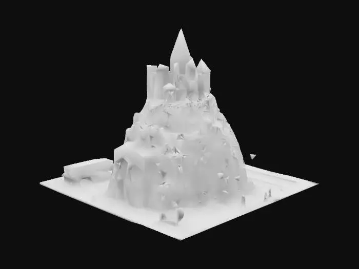 3D model for A whimsical 3D miniature of Brno featuring Špilberk Castle towering over a beer mug-shaped hill, the Brno astronomical clock as a rotating time portal, and trams circling around the Petrov Cathedral, all in a stylized, slightly surreal, steampunk aesthetic.