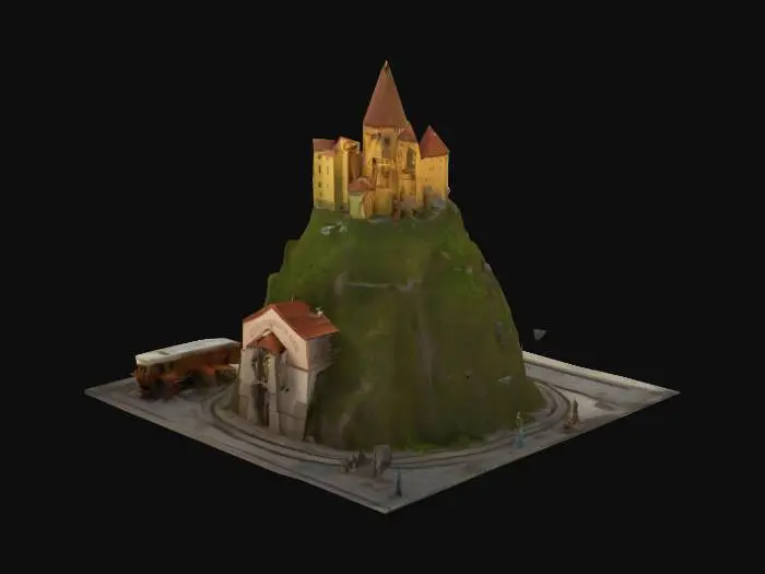 3D model for A whimsical 3D miniature of Brno featuring Špilberk Castle towering over a beer mug-shaped hill, the Brno astronomical clock as a rotating time portal, and trams circling around the Petrov Cathedral, all in a stylized, slightly surreal, steampunk aesthetic.