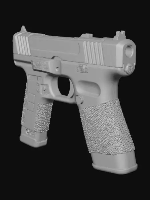 3D model for Ultra-realistic Glock 17 pistol for Unreal Engine: full 3D model with engraved serial number, detailed slide serrations, polymer grip texture, visible extractor and ejection port, open chamber showing brass bullet, realistic trigger, safety and magazine release. Subtle scratches, oil smudges, edge wear, dirt in seams. PBR textures (albedo, roughness, metallic, normal), photoreal 8K detail, cinematic lighting, game-ready topology with clean UVs and optimized LODs. Authentic police/military spec look, realistic proportions and scale, no cartoon, no sci-fi, no stylized.