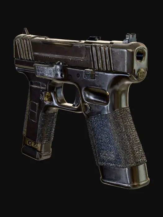 3D model for Ultra-realistic Glock 17 pistol for Unreal Engine: full 3D model with engraved serial number, detailed slide serrations, polymer grip texture, visible extractor and ejection port, open chamber showing brass bullet, realistic trigger, safety and magazine release. Subtle scratches, oil smudges, edge wear, dirt in seams. PBR textures (albedo, roughness, metallic, normal), photoreal 8K detail, cinematic lighting, game-ready topology with clean UVs and optimized LODs. Authentic police/military spec look, realistic proportions and scale, no cartoon, no sci-fi, no stylized.