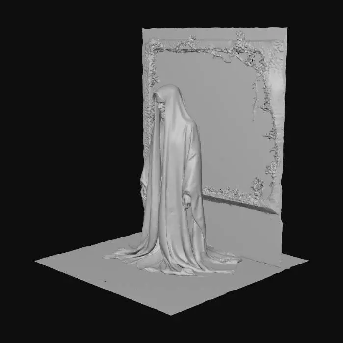 3D model for A terrifying 3D horror scene inside a dark, burning room. A huge cracked mirror dominates the wall, reflecting the flickering flames and casting twisted light across the smoky air. Behind the shattered glass, a ghostly figure with hollow eyes and a distorted grin appears, then fades into the fire. Ash drifts through the air, walls charred and melting. The mirror’s scorched frame glows faintly as if alive, pulsating with heat and whispers. Realistic fire and smoke simulation, eerie lighting, cinematic atmosphere, ultra-detailed textures, dynamic reflections, designed for a 3D horror game environment.