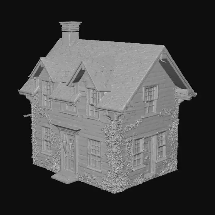 3D model for A realistic abandoned house in the woods at night. Broken wooden walls, shattered windows, and a half-open creaking door. Dim orange light flickers inside, revealing dust and cobwebs. The roof is damaged, ivy covers the sides, and fog surrounds the yard. A single lantern glows faintly near the entrance, casting long shadows. Ultra-detailed PBR textures, cinematic lighting, volumetric fog, eerie atmosphere, perfect for a horror game scene.