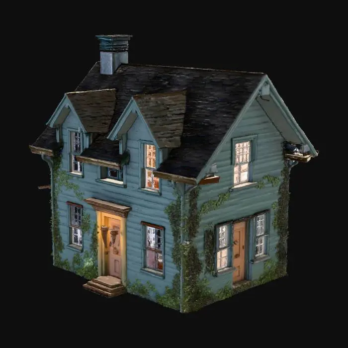 3D model for A realistic abandoned house in the woods at night. Broken wooden walls, shattered windows, and a half-open creaking door. Dim orange light flickers inside, revealing dust and cobwebs. The roof is damaged, ivy covers the sides, and fog surrounds the yard. A single lantern glows faintly near the entrance, casting long shadows. Ultra-detailed PBR textures, cinematic lighting, volumetric fog, eerie atmosphere, perfect for a horror game scene.