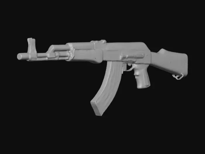 3D model for professional 3D model of AK-47, realistic wooden furniture, blued steel receiver, slight wear on handling surfaces, isolated on gray background, studio lighting, weapon safety orange tip, 4K PBR textures