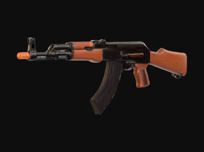 3D model for professional 3D model of AK-47, realistic wooden furniture, blued steel receiver, slight wear on handling surfaces, isolated on gray background, studio lighting, weapon safety orange tip, 4K PBR textures