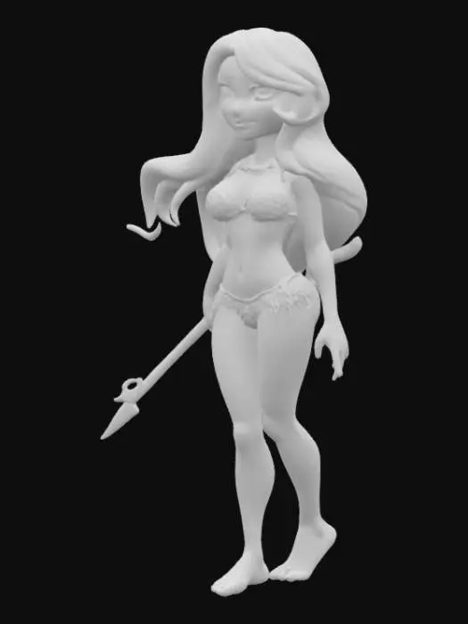 3D model for Petite fit cartoon castaway girl, coconut shells for bra and thong, sharp harpoon in right outstretched hand, X-Pose.