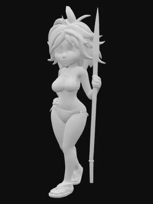 3D model for Petite fit cartoon castaway girl, coconut shells for bra and thong, sharp harpoon in right outstretched hand, X-Pose.
