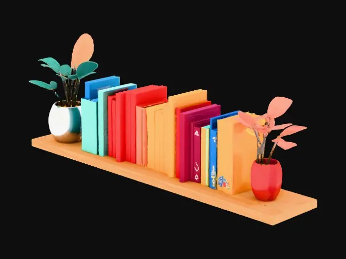 3D model for A floating wooden shelf with a. single shelf full of books
In the style of a Children's hand painted Book Illustration.