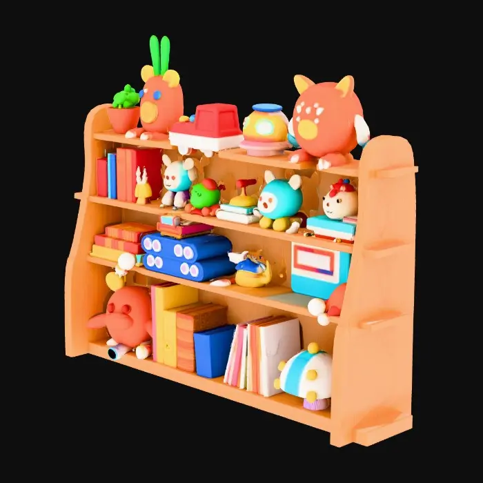3D model for A wooden shelf full of toys, books

In the style of a Children's hand painted Book Illustration.