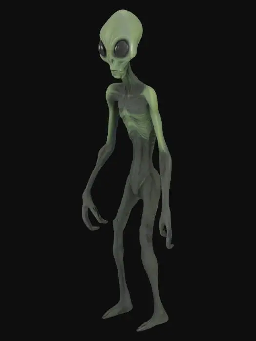 3D model for Alien Tall thin  greenish  gray body with big black eye  mean face