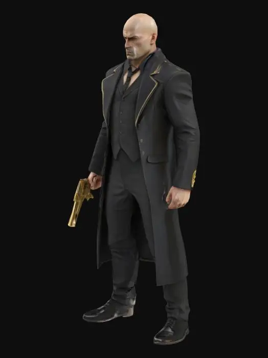 3D model for Ultra realistic a tall bald man wearing black suit like warrior with black shoes like warrior and his dress is like warrior theme and he is carrying a golden revolver in his hand and stand straight 