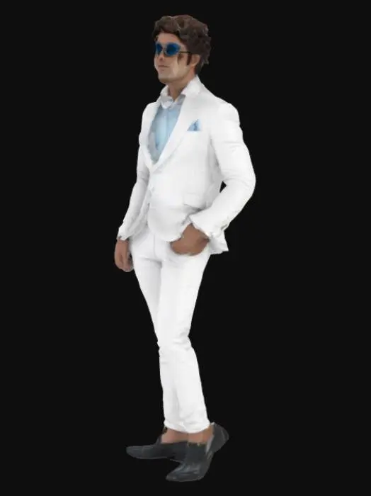 3D model for #arch# a tall man standing with great personality with fluppy hair and wearing white suit and the shoes is black and wear a black shade glass and we can see his eye little bit and both of his hand in his pant and he turn his head or tilt to right side and his eye colour is blue ultra realistic men