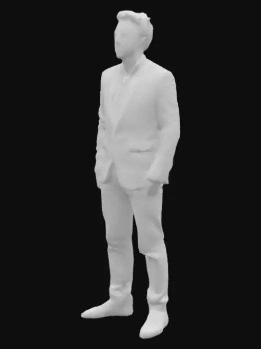 3D model for #arch# a tall man standing with great personality with fluppy hair and wearing white suit and the shoes is black and wear a black shade glass and we can see his eye little bit and both of his hand in his pant and he turn his head or tilt to right side and his eye colour is blue ultra realistic men