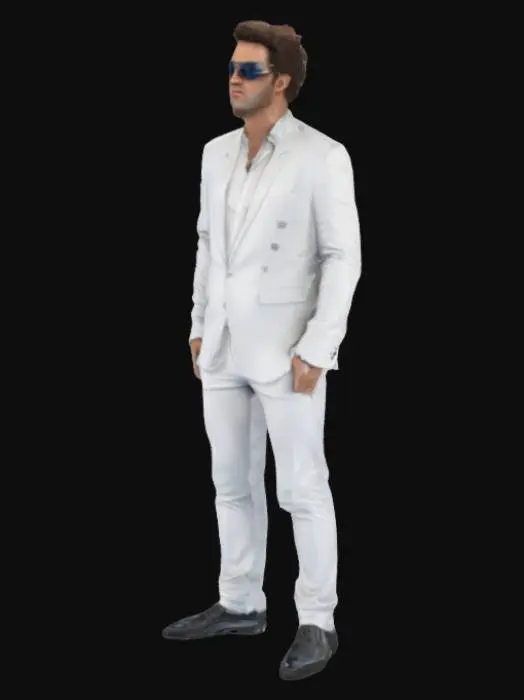 3D model for #arch# a tall man standing with great personality with fluppy hair and wearing white suit and the shoes is black and wear a black shade glass and we can see his eye little bit and both of his hand in his pant and he turn his head or tilt to right side and his eye colour is blue ultra realistic men